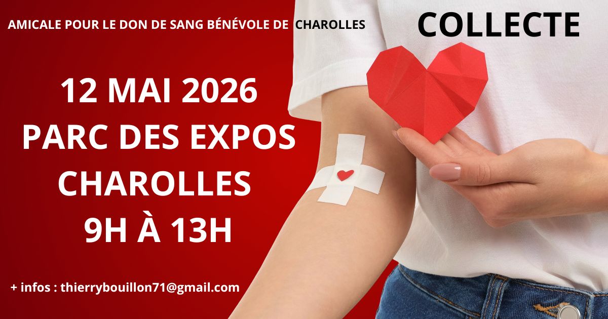 🆎🅱La prochaine collecte  🅾🅰 organisée par Amicale pour le don de sang bénévole de Charolles Aura lieu :  📅12 mai 2026 📫Parc des Expositions du Charolais ⌚9h00 à 13h00  +infos : thierrybouillon71@gmail.com 