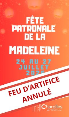 📣 Face à une sécheresse persistante et à un risque d'incendie particulièrement élevé, La Ville de Charolles a décidé d'annuler le feu d'artifice, initialement prévu le samedi 25 juillet .  🎉 Le reste des festivités est maintenu ! Nous vous remercions de votre compréhension.  